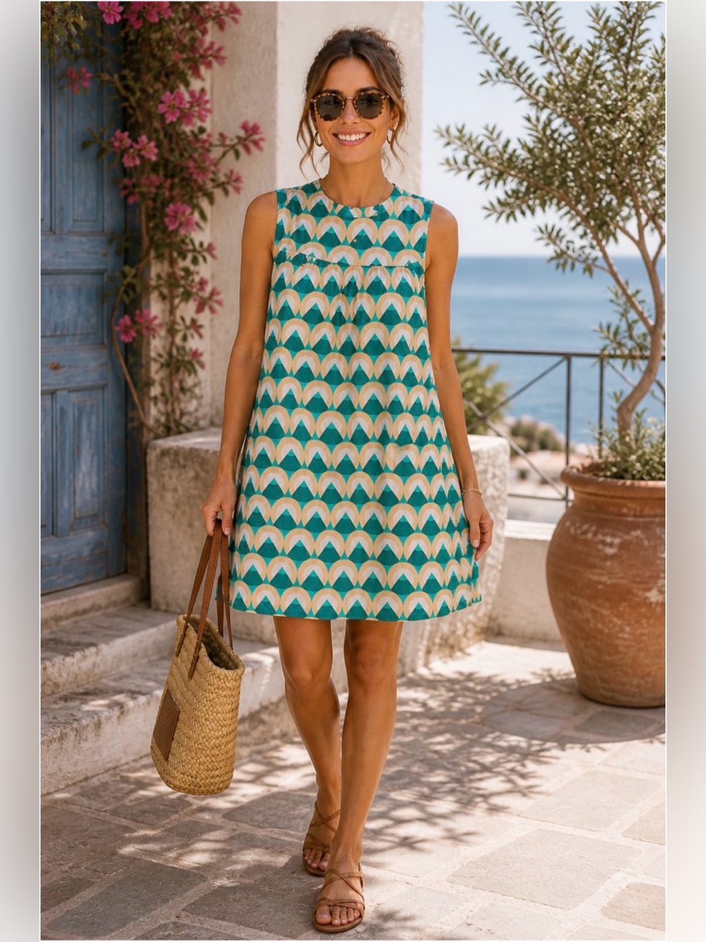 *Anonime Designers Italy‎ Dress Green Geo Print Sleeveless Babydoll Mini Cotton